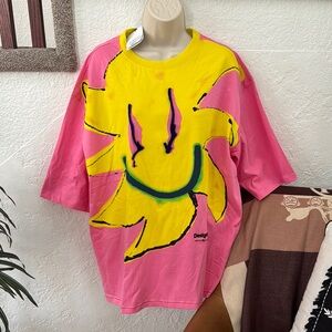 DESIGUAL Women’s Relaxed Fit Pink 100% Cotton T-Shirt With Sun Graphics XL NWT